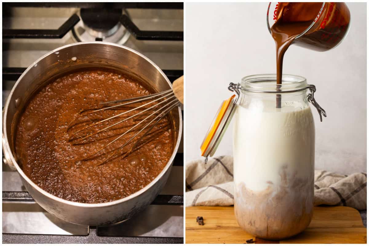 Two process photos for making chocolate milk from scratch.