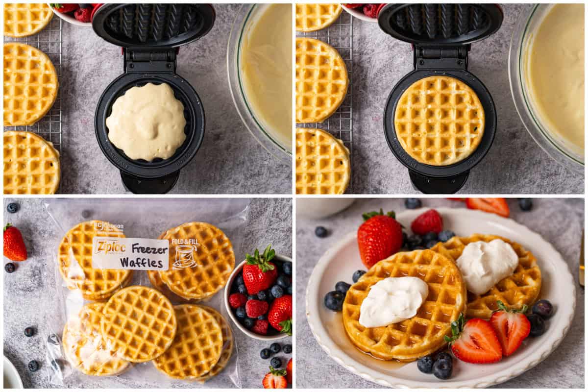 Four process photos for making Freezer Waffles with a mini waffle iron, just like an eggo waffle copycat recipe.