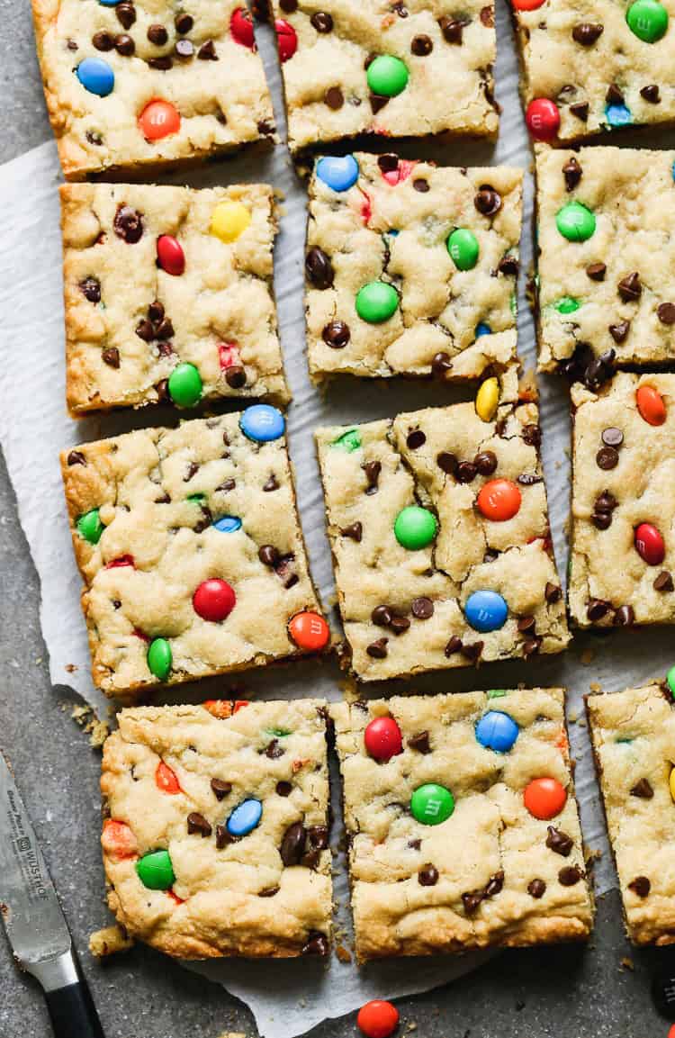 M&M Cookie Bars are an easy Father’s Day dessert that slices neatly and adds a pop of fun to the celebration.