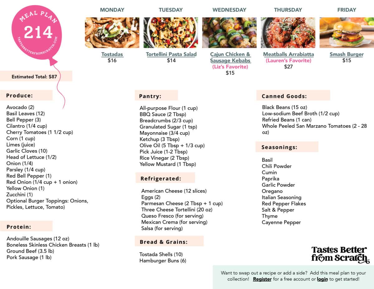 Shopping List for Meal Plan 214.