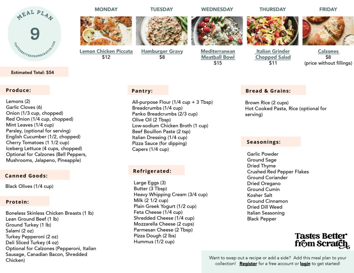Shopping list for meal plan 9.