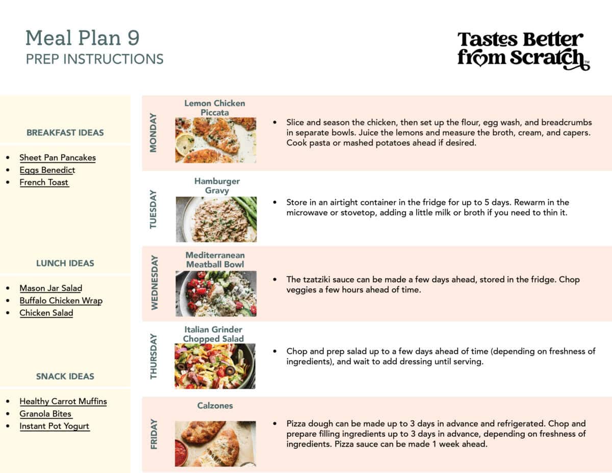 Prep ahead instructions for meal plan 9.