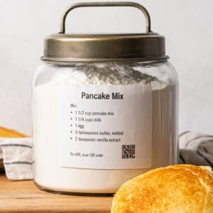 This homemade pancake mix recipe is the best life hack in my pantry! It takes 5 minutes to throw together ingredients I already have and make fun pancake mornings doable on any weekday morning!
