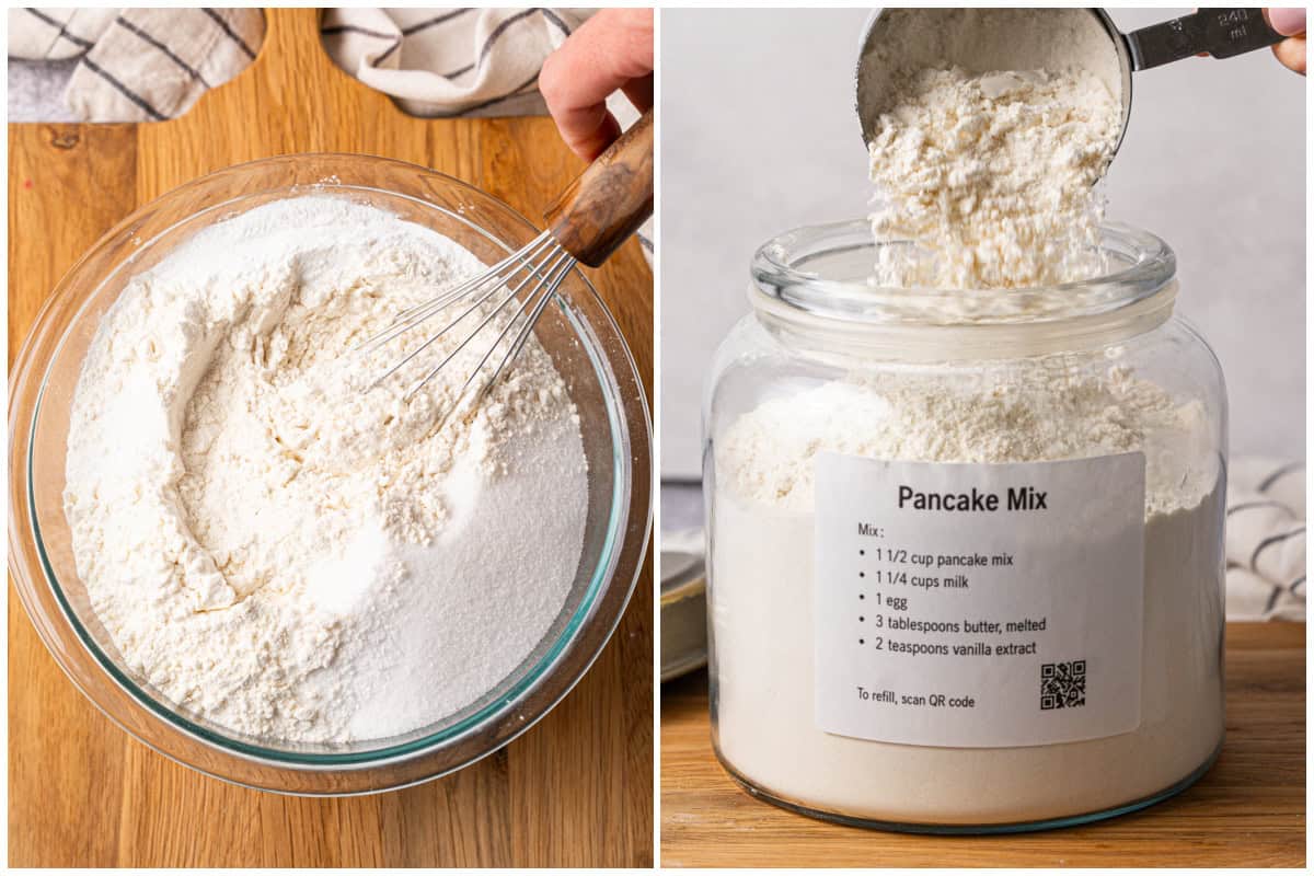 This easy Pancake Mix recipe takes 5 minutes to whisk together and saves me on pancake mornings regularly! The free label makes it easy enough even my kids can whip up the pancakes!