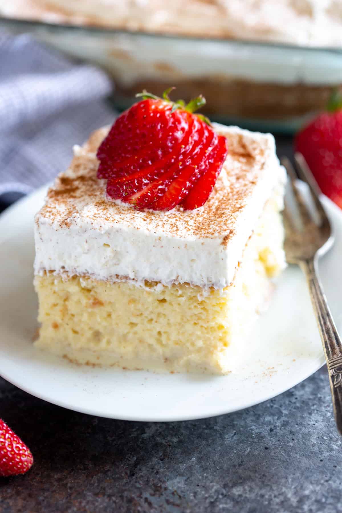 This homemade Tres Leches Cake is moist, sweet, and absolutely delicious with fresh whipped cream on top and a sprinkle of cinnamon. 