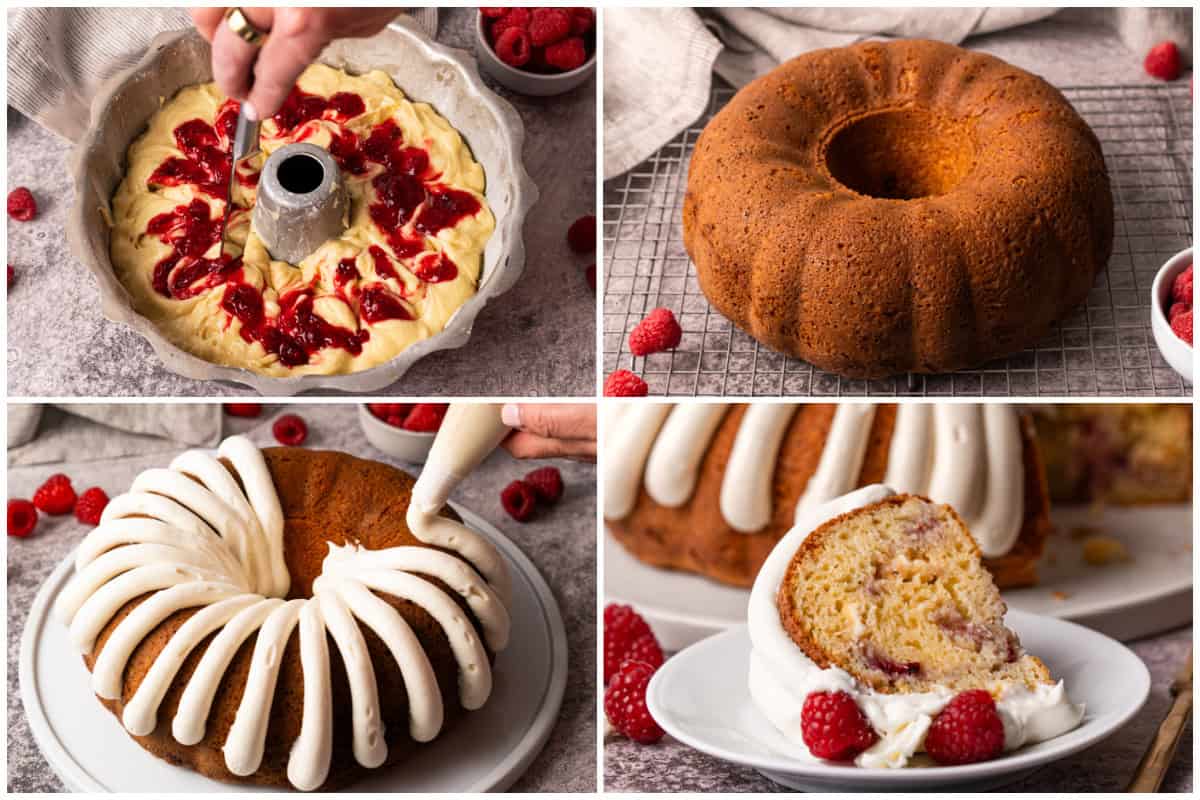 Four process photos for baking and frosting a white chocolate bundt cake. 