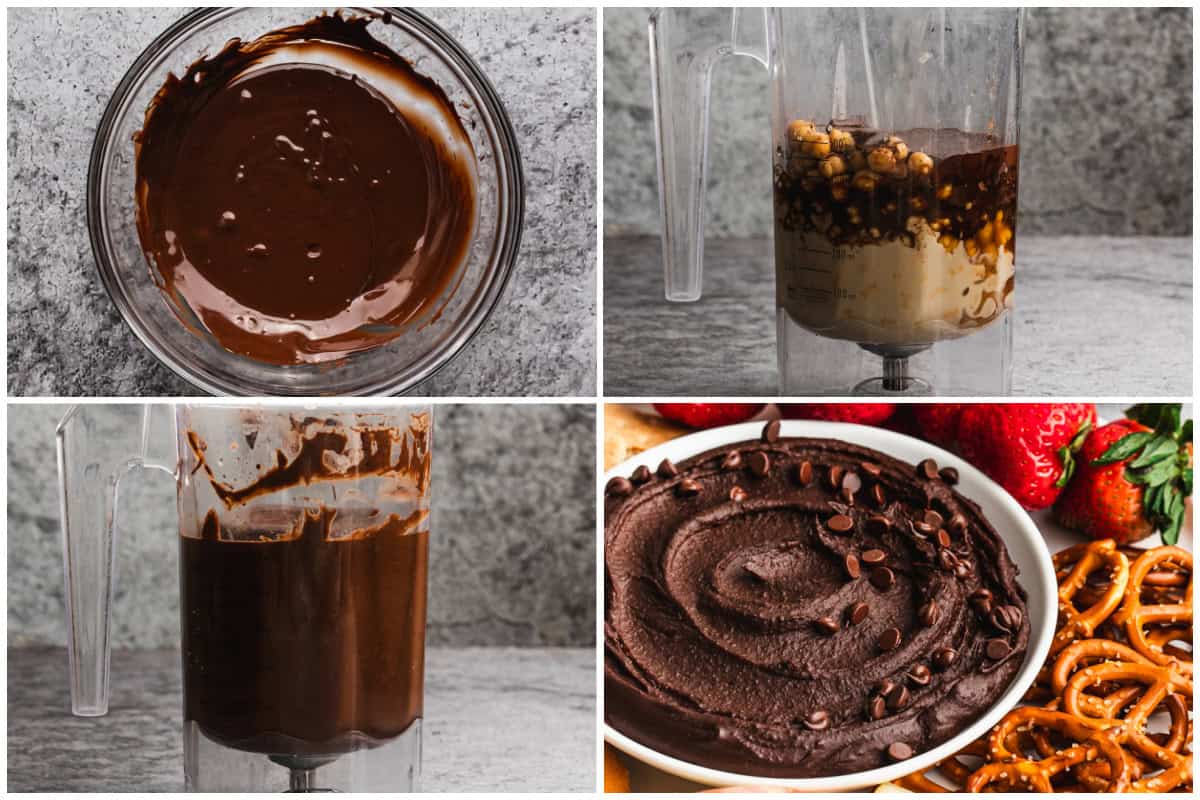 Four process photos for how to make chocolate hummus by blending chickpeas, tahini, cocoa powder, honey and milk. 