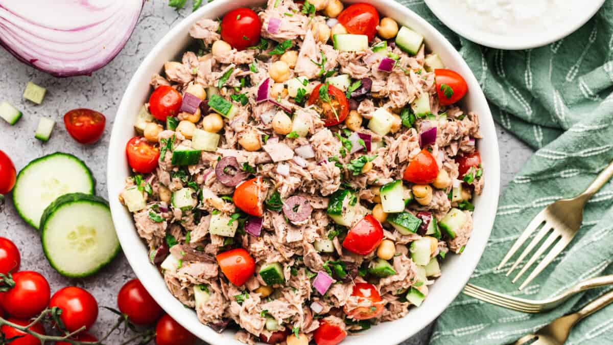 This easy Mediterranean Tuna Salad recipe is full of fresh ingredients and only takes 10 minutes to make! Perfect for meal prep and no cooking required.