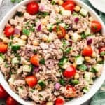 This easy Mediterranean Tuna Salad recipe is full of fresh ingredients and only takes 10 minutes to make! Perfect for meal prep and no cooking required.