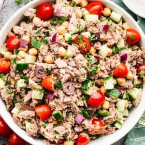 This easy Mediterranean Tuna Salad recipe is full of fresh ingredients and only takes 10 minutes to make! Perfect for meal prep and no cooking required.