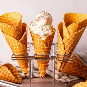 These easy Homemade Waffle Cones are sweet, crunchy, and tastes like it came from a cute ice cream shop. They are so easy to make at home and instantly makes dessert night feel special.