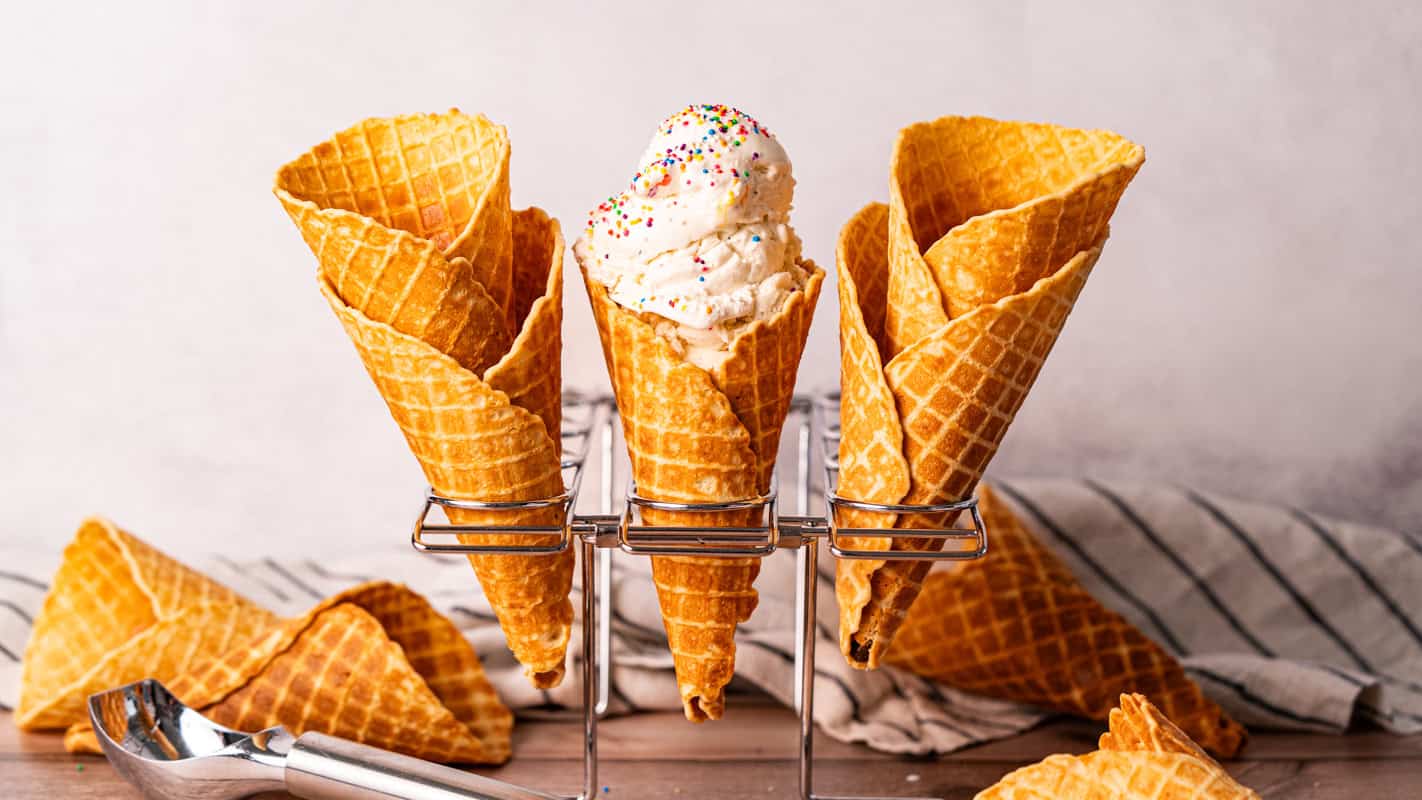 These easy Waffle Cones are so simple to make at home and so much better than store-bought! They just use a handful of pantry staples to create golden, crispy waffle cones that will level up ice cream night.