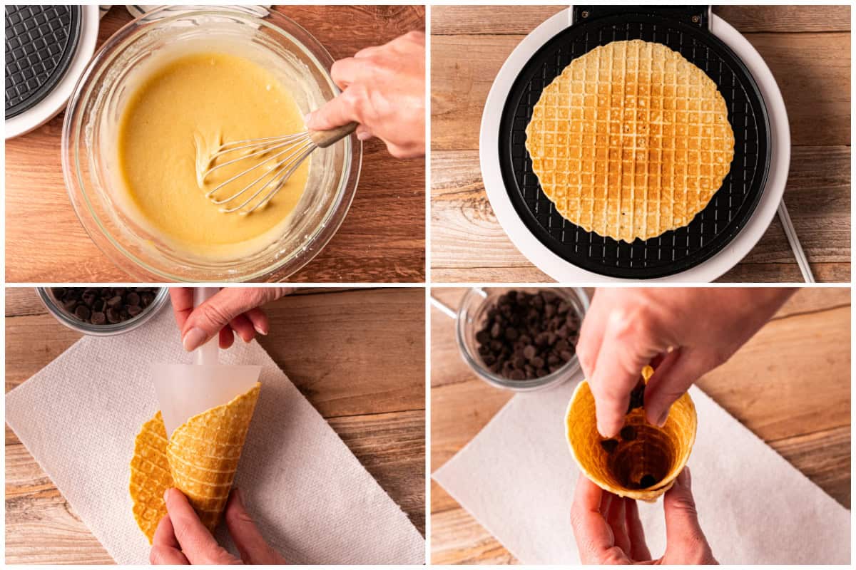 Learn how to make Waffle Cones in under 30 minutes! We make a simple batter, cook it in a waffle cone iron, then shape it while it's hot and let it cool. I love to add some chocolate chips while it's warm to create a plug so no ice cream drips through. These are easy and so much fun!
