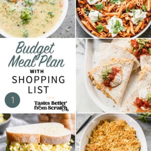 A collage of 5 recipes from budget meal plan 1.