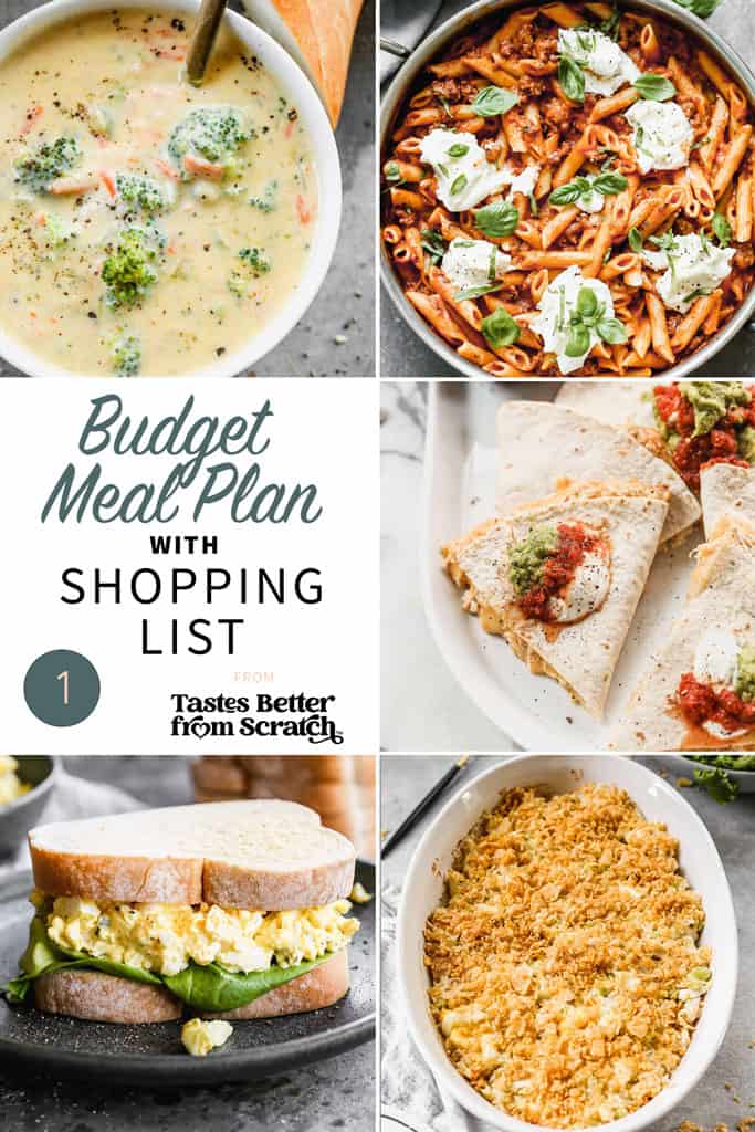 A collage of 5 recipes from budget meal plan 1.