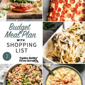 A collage of 5 recipes from budget friendly meal plan 2.