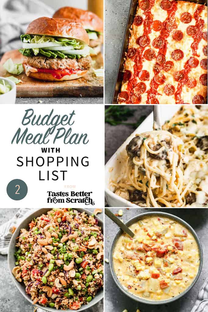 A collage of 5 recipes from budget friendly meal plan 2.