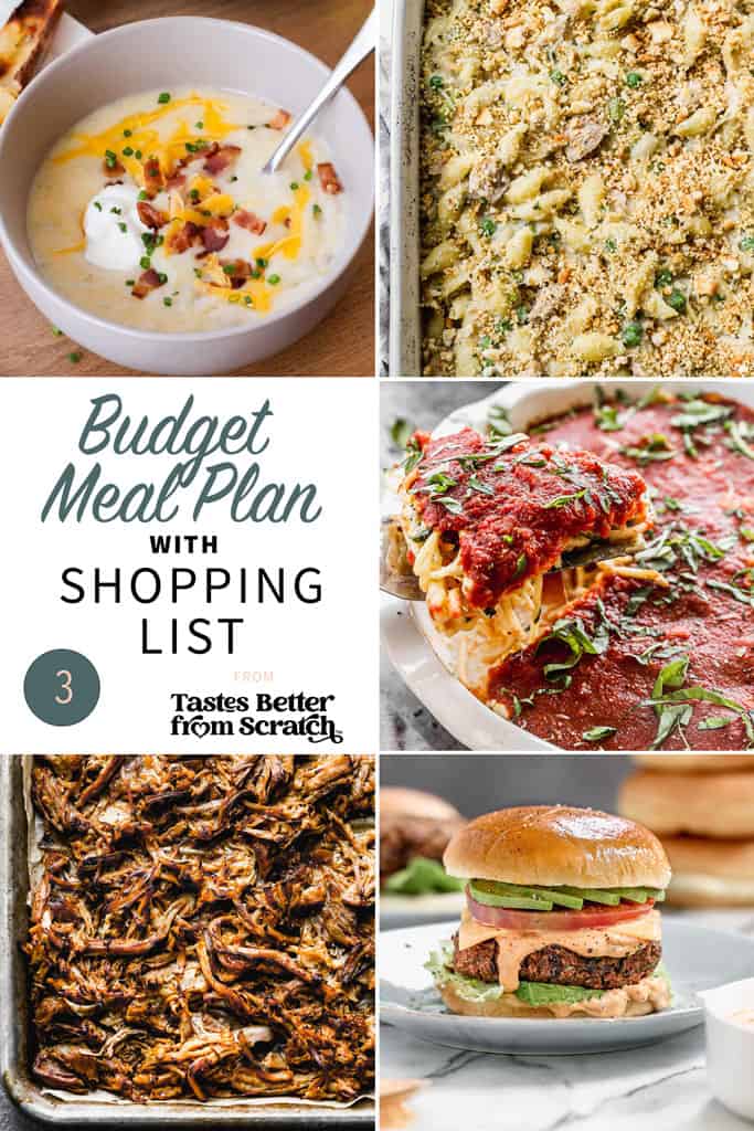 A collage of 5 recipes from budget meal plan 3.