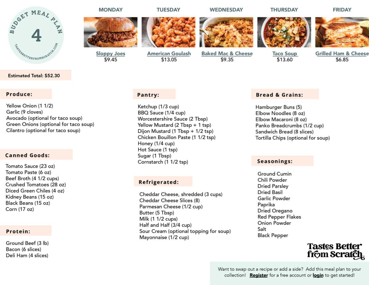 shopping list from budget meal plan 4.