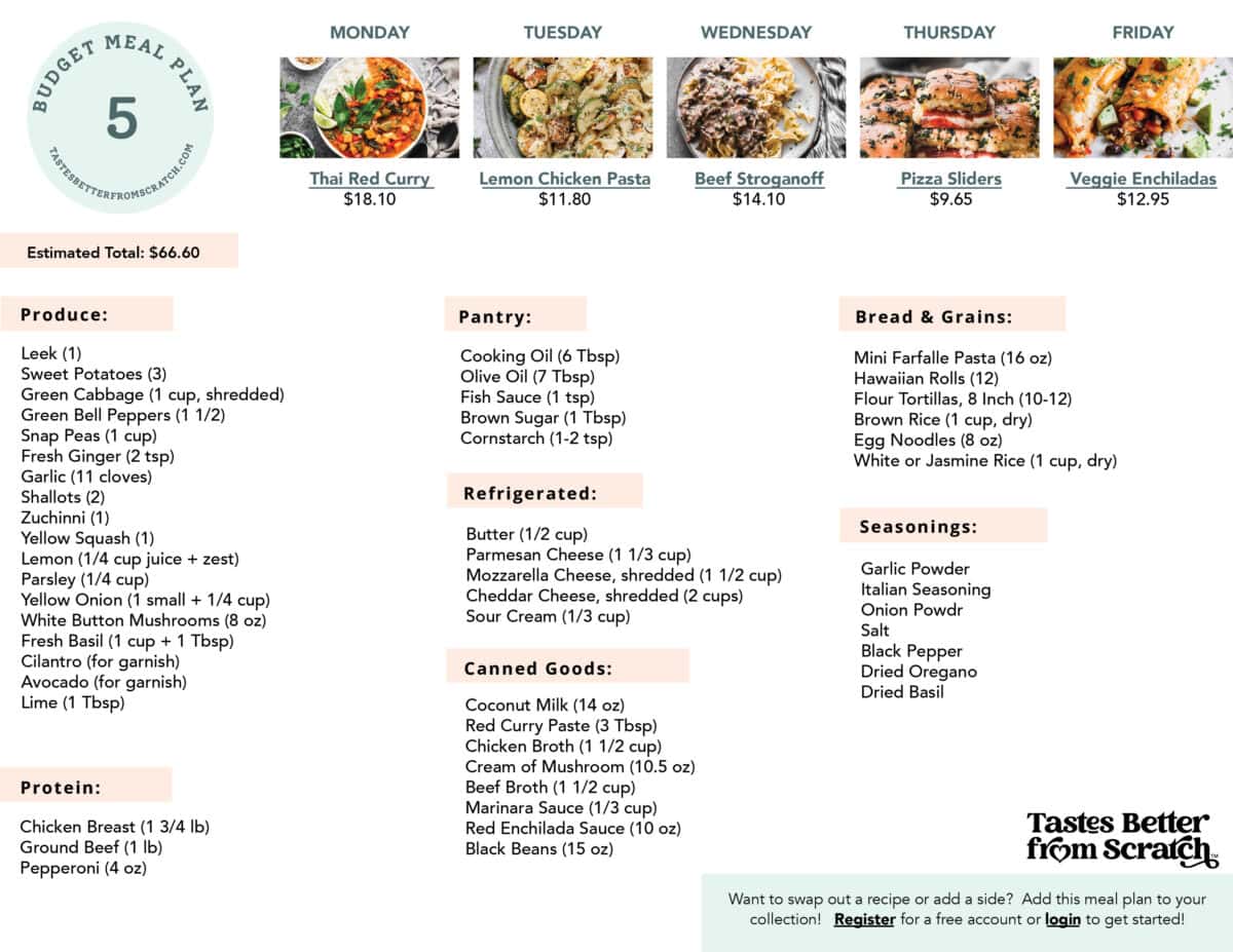 Shopping list for budget meal plan 5.