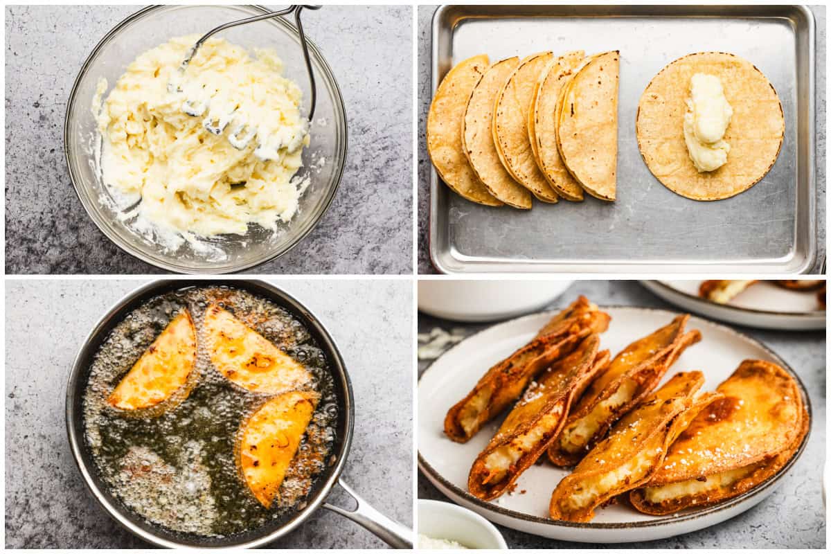 Make the best potato tacos recipe by starting with cheesy and creamy mashed potatoes then fill your corn tortillas and fry until perfectly crispy.