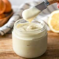 This homemade Mayo recipe only uses a few ingredients and is made in just 5 minutes with an immersion blender! It is creamy, simple, and makes every sandwich better.