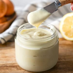This homemade Mayo recipe only uses a few ingredients and is made in just 5 minutes with an immersion blender! It is creamy, simple, and makes every sandwich better.