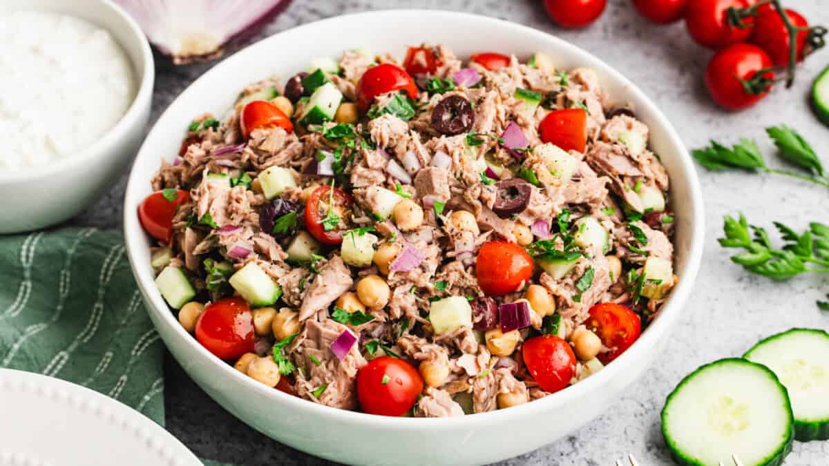 This Mediterranean Tuna Salad is packed full of fresh ingredients without using lettuce, and it's high in protein.