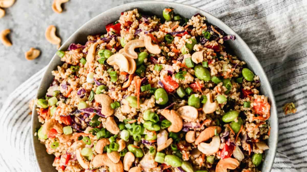 This Thai Quinoa Salad has the perfect blend of fresh, crunchy vegetables and quinoa. And we top it with the most perfect peanut sauce.