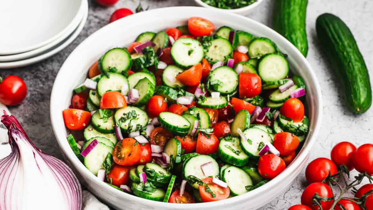 This Tomato Cucumber Salad is simple with only a few ingredients, but they work together perfectly for a side dish everyone loves.