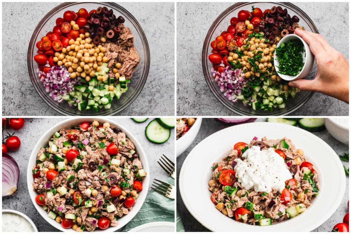 This greek tuna salad recipe is easy to make in just 10 minutes and my go-to recipe for meal prep. Just combine all of the ingredients, portion it out and top with cottage cheese and salt and pepper.