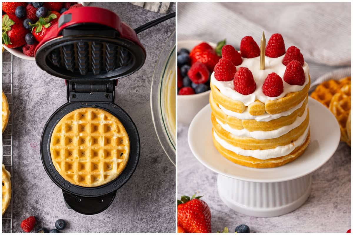 Learn how to make the easiest Waffle Cake recipe by making mini waffles and stacking them with sweetened whipped cream in the middle. It's an easy breakfast everyone will love!