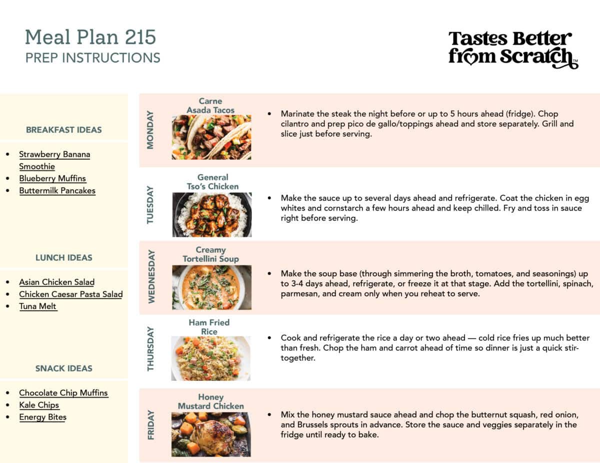 Prep ahead instructions from meal plan 215.