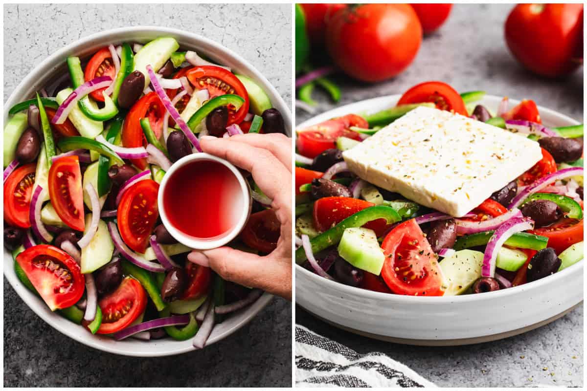 The best Greek Salad recipe is made of all fresh, vibrant ingredients. It's simple and absolutely delicious combined with some olive oil and red wine vinegar!