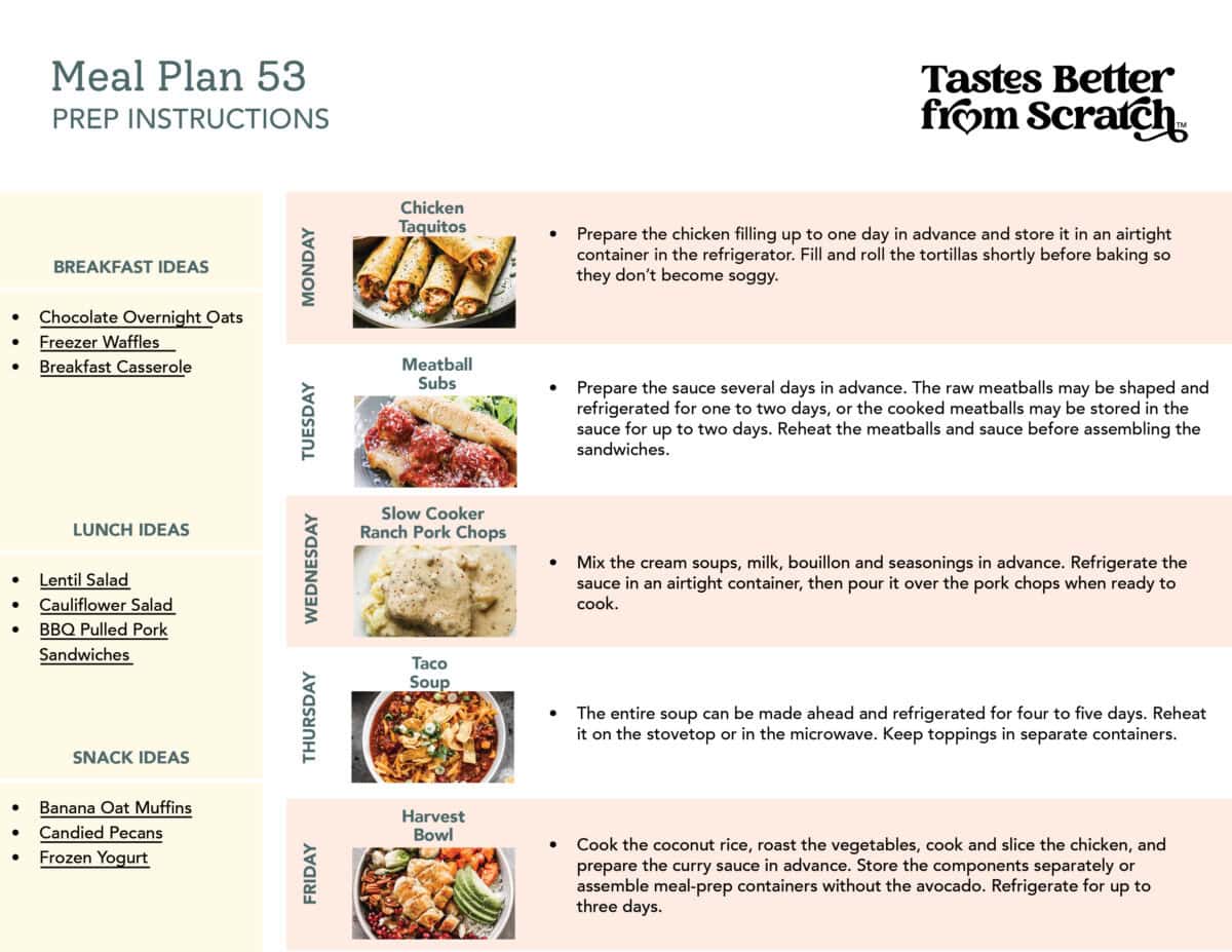 Prep ahead instructions for meal plan 53.