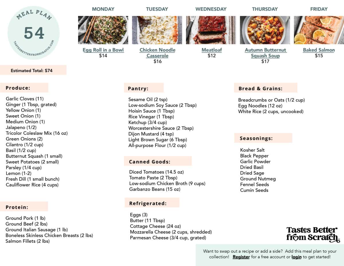 Shopping list for meal plan 54.