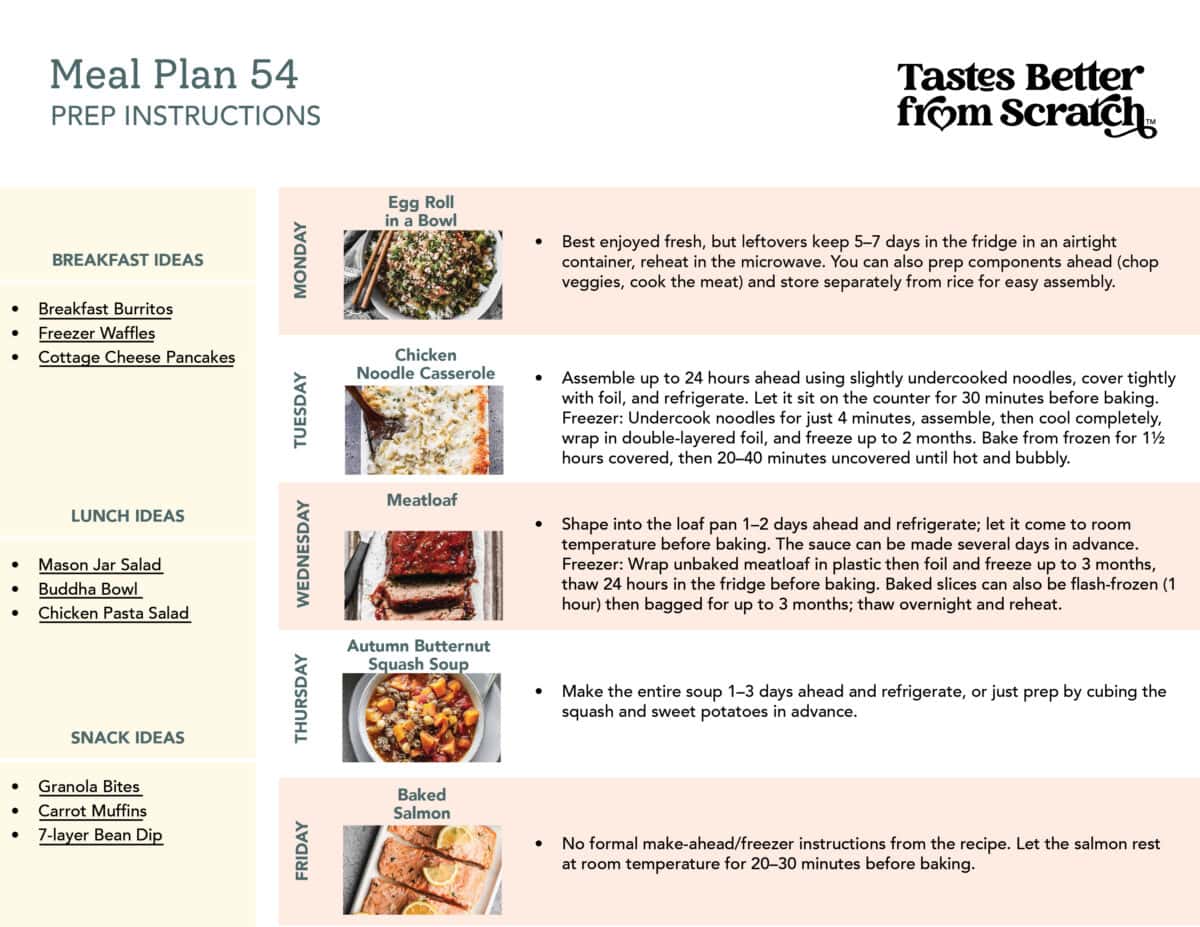 Prep ahead instructions for meal plan 54.