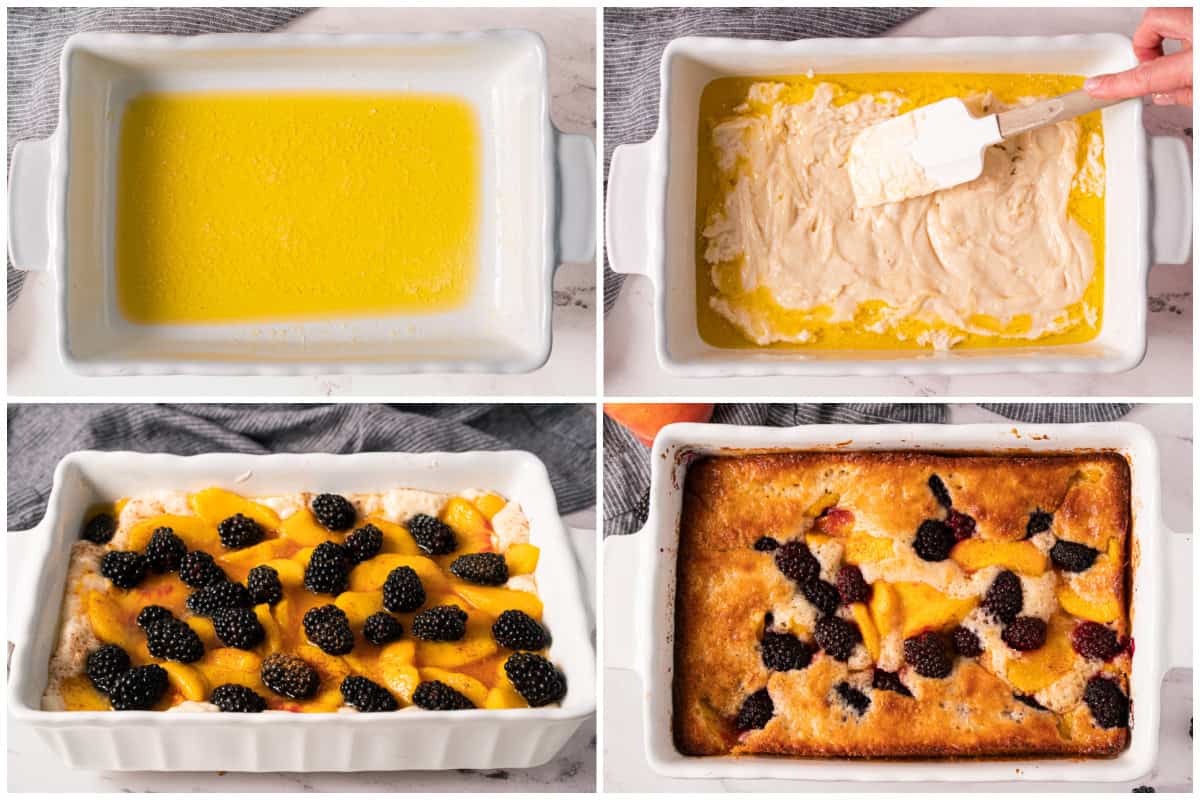 Learn how to make a peach and blackberry cobbler recipe in just 15 minutes of prep! Melt the butter, spread the batter, then top with the fruit. It bakes up to be delicious, golden, and so delicious especially served with vanilla ice cream.