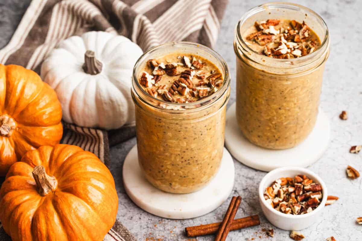 This easy Pumpkin Overnight Oats recipe is prepped in just 5 minutes and tastes creamy. It's high protein, easy, and tastes like pumpkin pie in a jar!