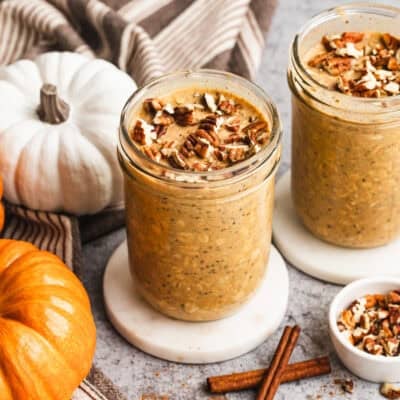 This easy Pumpkin Overnight Oats recipe is prepped in just 5 minutes and tastes creamy. It's high protein, easy, and tastes like pumpkin pie in a jar!