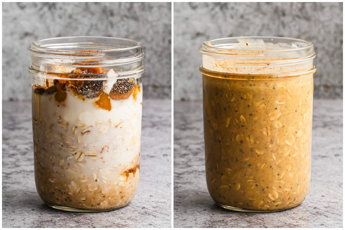 This pumpkin pie overnight oats recipe is creamy, perfectly spiced, and tastes like dessert but is actually healthy! They are easy to meal prep and so delicious!