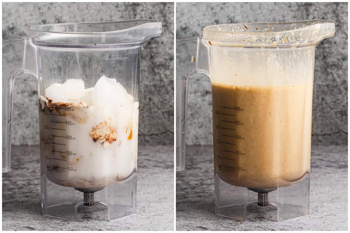 Learn how to make a healthy pumpkin spice protein shake that doesn't taste healthy! I eat it regularly for breakfast or dessert. Just add everything to the blender and blend it until smooth.