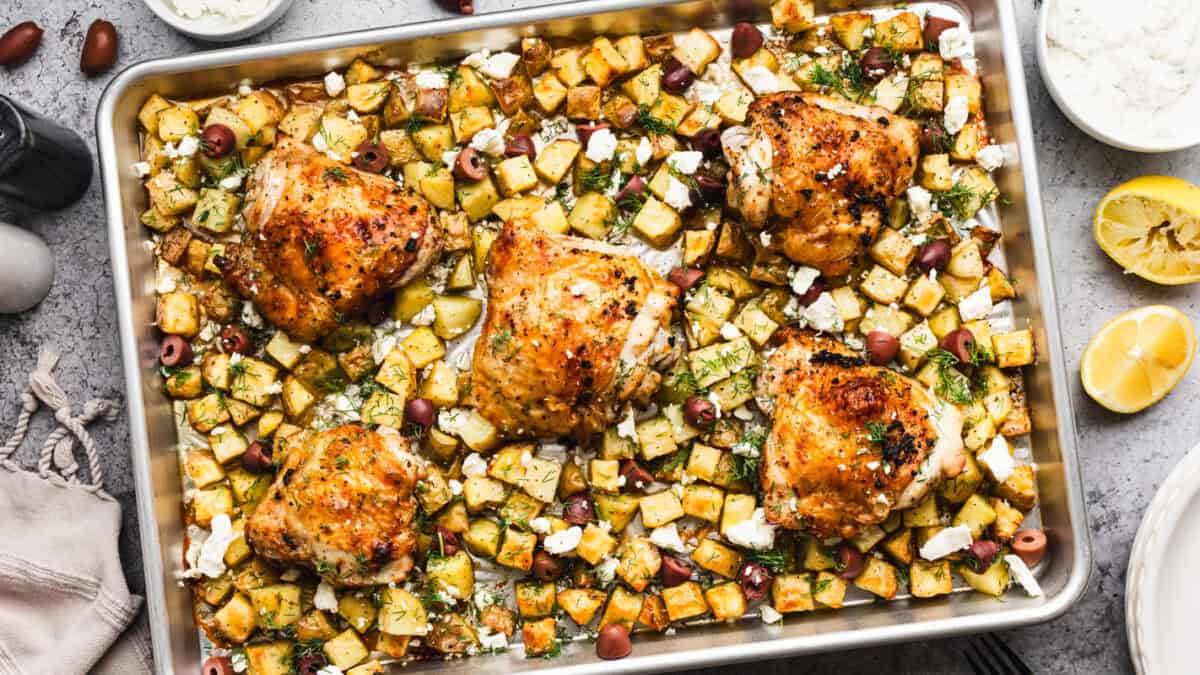 This easy Greek Chicken and Potatoes recipe is all cooked on a sheet pan to give crispy potatoes, tender chicken, and all the Greek flavor we love.