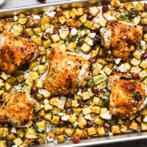 This easy Greek Chicken and Potatoes recipe is all cooked on a sheet pan to give crispy potatoes, tender chicken, and all the Greek flavor we love.