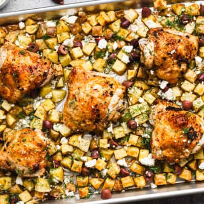 This easy Greek Chicken and Potatoes recipe is all cooked on a sheet pan to give crispy potatoes, tender chicken, and all the Greek flavor we love.
