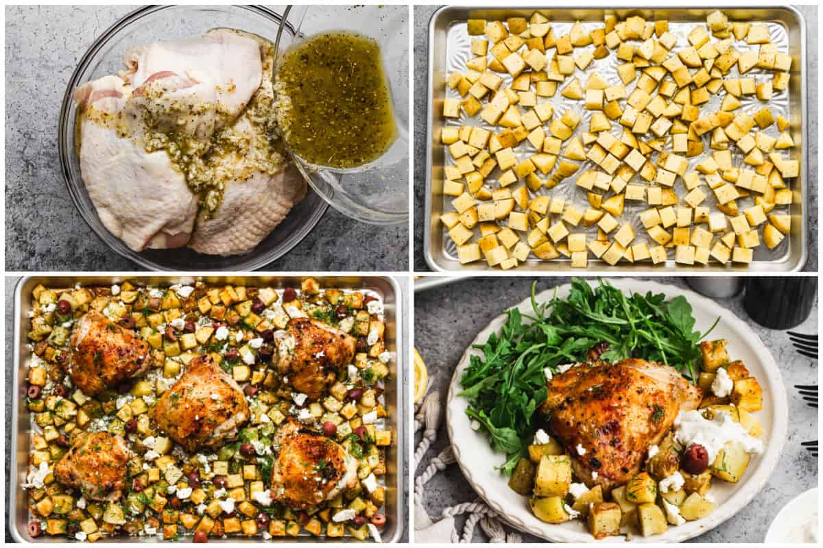 Make the easiest sheet pan greek chicken and potatoes dinner by marinating the chicken, roasting the potatoes and chicken, then finishing with feta and olives for the best greek dinner.