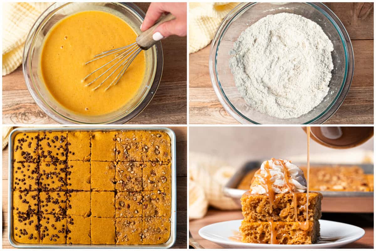 The best Pumpkin Sheet Pan Pancakes are moist, perfectly spiced, and absolutely delicious with whipped cream and homemade syrup. 
