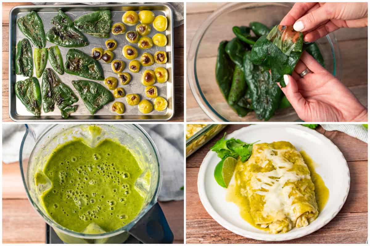 Learn how to make green enchilada sauce by roasting peppers and peeling them, blending, and simmering and serving over enchiladas. It's so flavorful you will never buy a can again!
