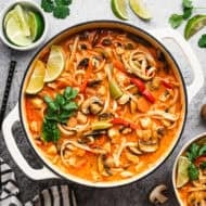 The best Thai Noodle Soup has chicken, veggies, and such a delicious creamy broth with rice noodles. It's easy and so delicious!