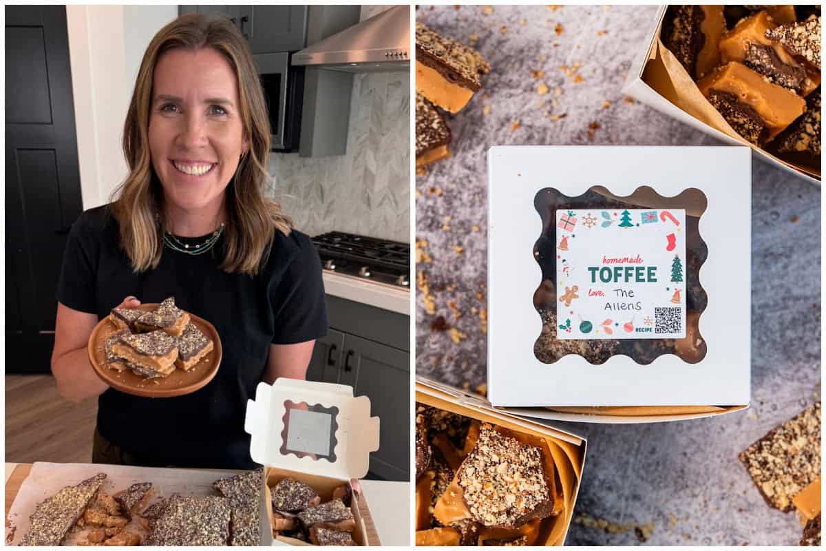 Lauren Allen has created a homemade toffee recipe that is thick, topped with chocolate and finely chopped almonds, and has the perfect snap! It's perfect for gift giving and stays great in the freezer for months!